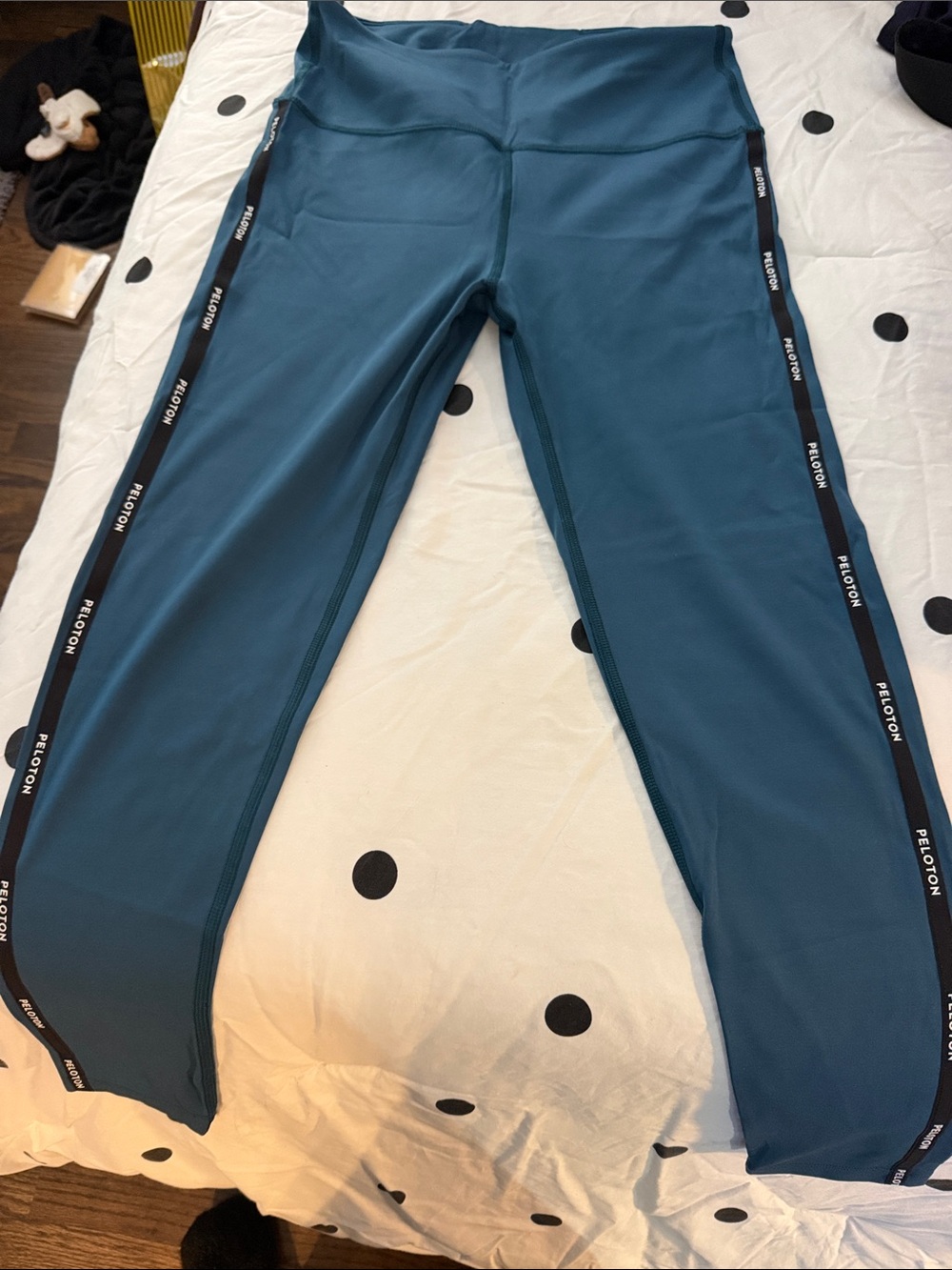 Peloton Teal Blue Workout Leggings with Black Logo Side Stripes - Medium